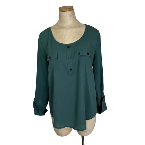 Mine blouse women's M green lightweight flowy long adjustable sleeves - Picture 2 of 9